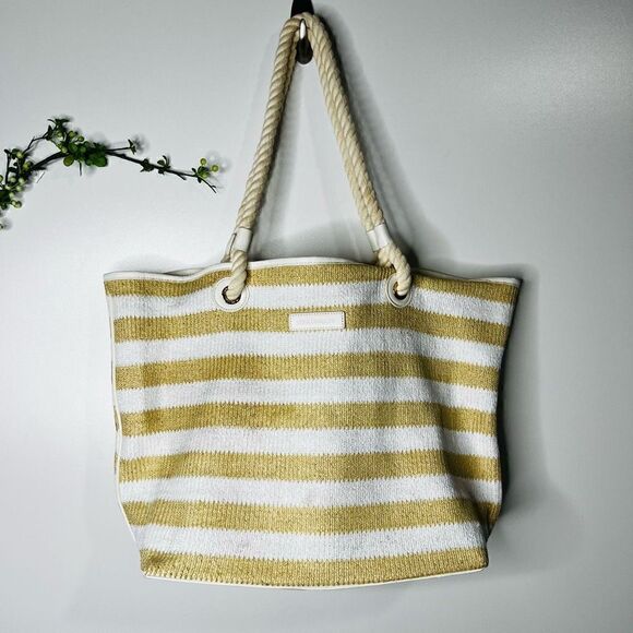 Vera Bradley White Gold Tan Striped Rope Handle Beach Bag Tote - Picture 1 of 10